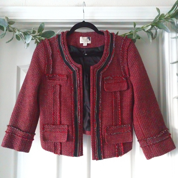 Hinge Red Tweed Crop Women Jacket Wool Size Medium - Picture 2 of 9
